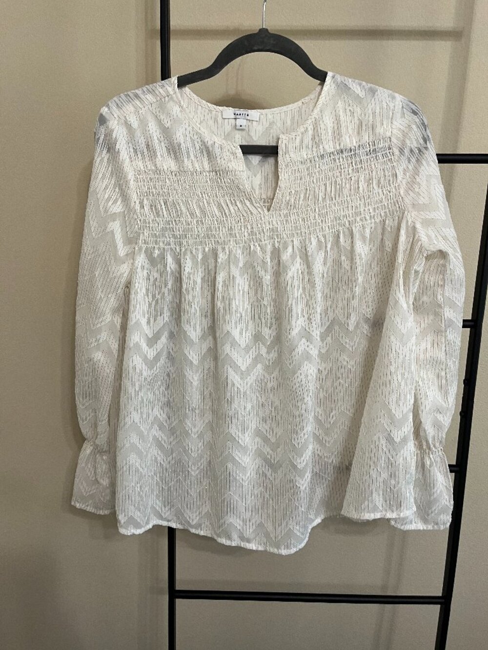 Maette Boho Sheer Smocked Peasant Blouse Date Night Glam Going Out Office Small